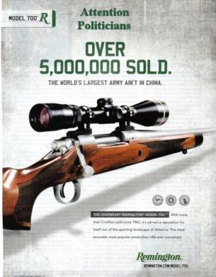 Remington gun manufacturer's ad promoting sales of the popular Model 700 rifle. Remington boasts this rifle can be fitted with a "double stack 50-round clip (magazine)."