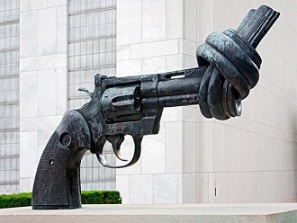 The bronze "Knotted Gun" sculpture by Swedish artist Carl Fredrik Reutersward, outside of the United Nations headquarters in New York. It stands as a constant reminder of gun violence around the world.