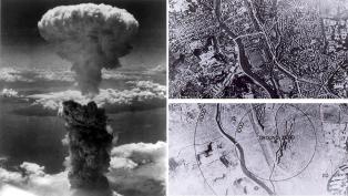 The Enola Gay crew photographed the mushroom cloud over Hiroshima. The photos on the right show the city of Hiroshima before and after the blast.