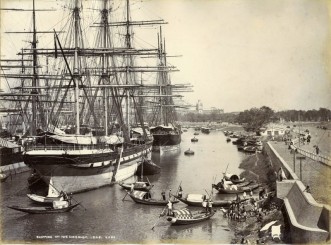 British East India Company ships at dock in Calcutta, India.